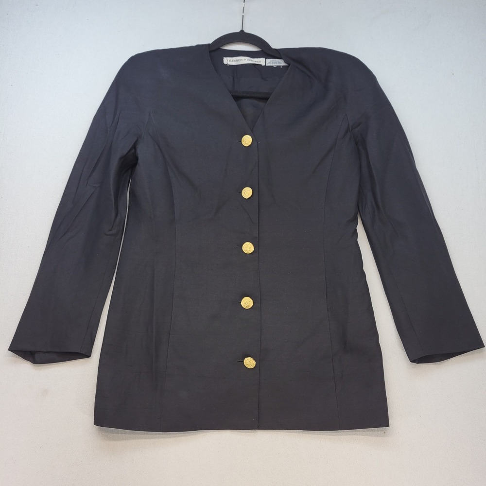 Eleanor P Brenner Blazer Womens 6 Black Vintage Raw Silk Gold‎ Crest Button